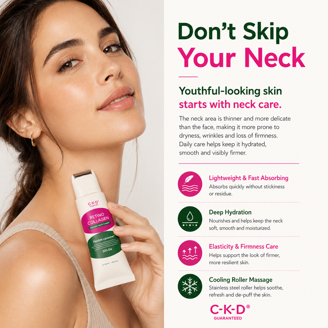 CKD Retino Collagen Gua Sha Neck Cream พร้อมลูกกลิ้งสแตนเลส 1.69 fl oz