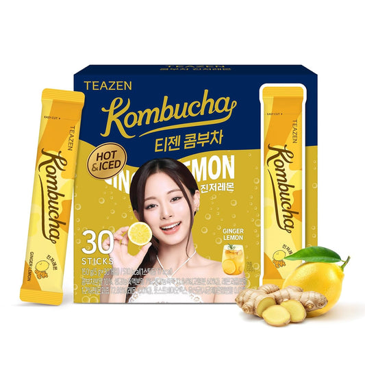 TEAZEN Lemon Ginger Hot Kombucha Tea, 30 Sticks