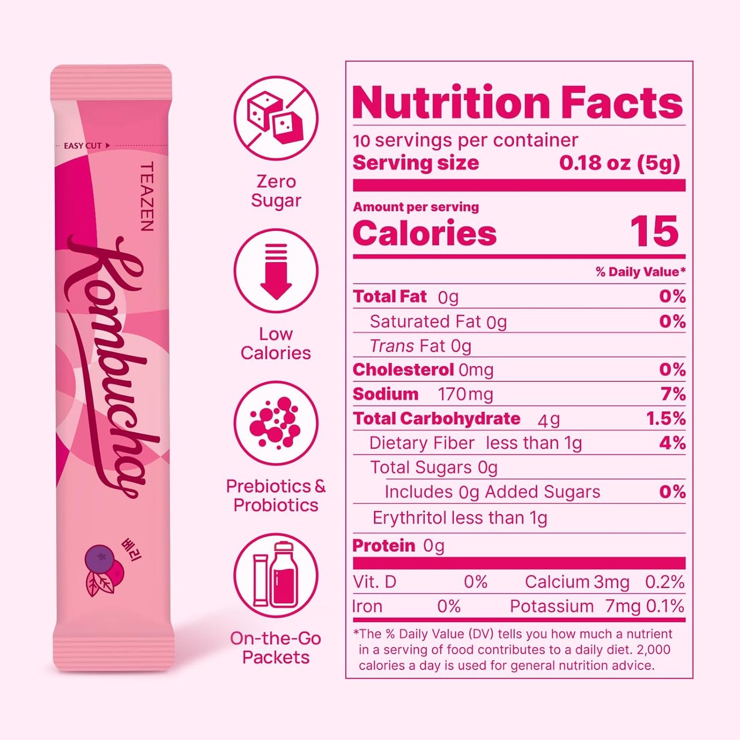 TEAZEN Berry Kombucha Tea 10 Sticks, 1.76oz