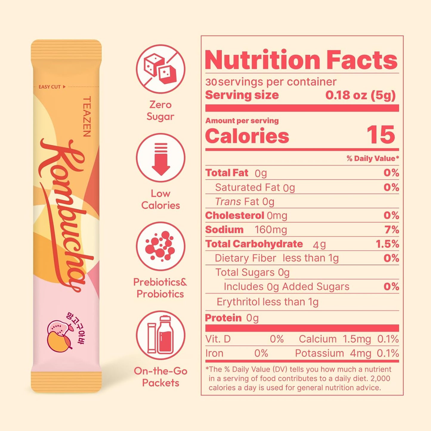 ชา Kombucha รสมะม่วงและฝรั่ง TEAZEN 30 แท่ง, 5.29oz