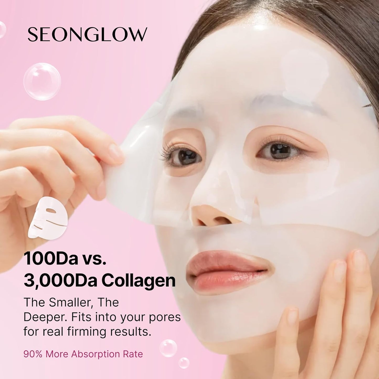 Seonglow Collagen Hydration Mask, 100 Dalton Ultra Low Molecular Collagen & Peptide Complex, 4ea