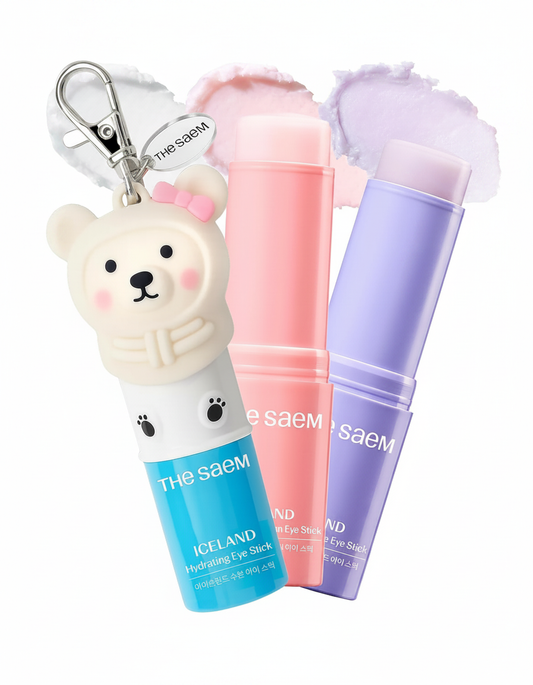 THESAEM 아이슬란드 수분 아이 스틱 3팩 세트와 귀여운 곰 키링