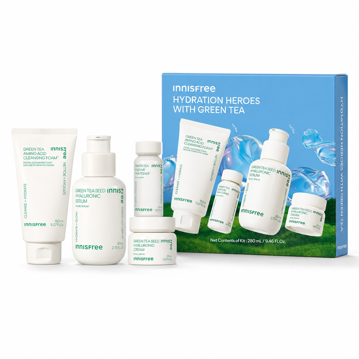 innisfree เซรั่มบำรุงผิวจากเมล็ดชาเขียวพร้อมครีมไฮยาลูโรนิก, โทนเนอร์, โฟมล้างหน้า