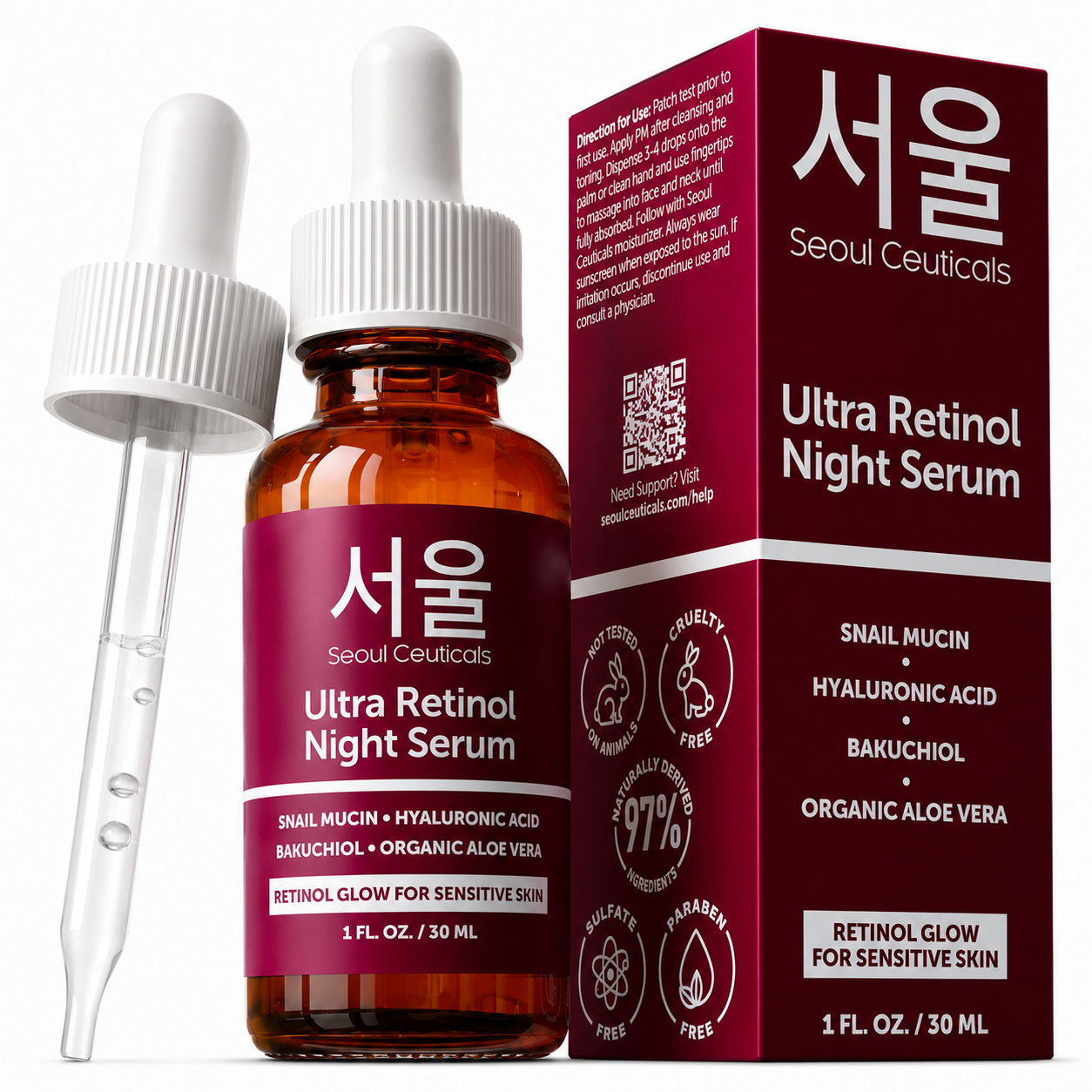 SeoulCeuticals 1% Korean Retinol Night Serum for Face - 1oz
