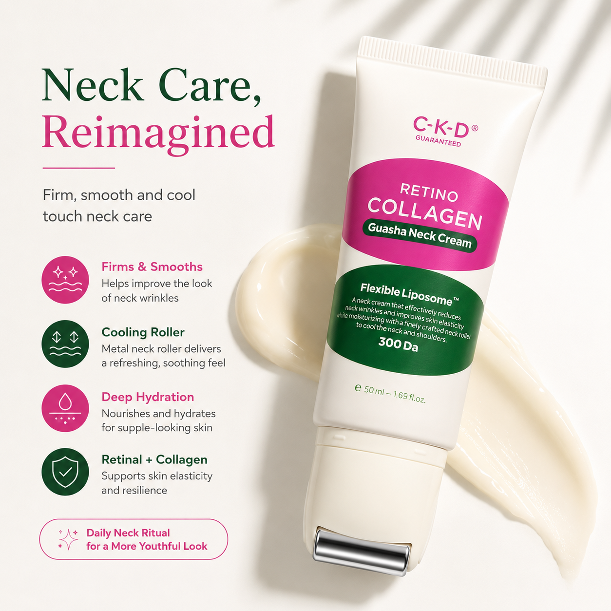 CKD Retino Collagen Gua Sha Neck Cream พร้อมลูกกลิ้งสแตนเลส 1.69 fl oz
